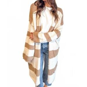 NEW ADELINE the hampton stripe cardigan in tan/white